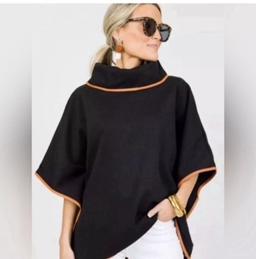 Tuckernuck Piper Poncho Black Tan Leather Trim Funnel Neck Cape One Size Pullove